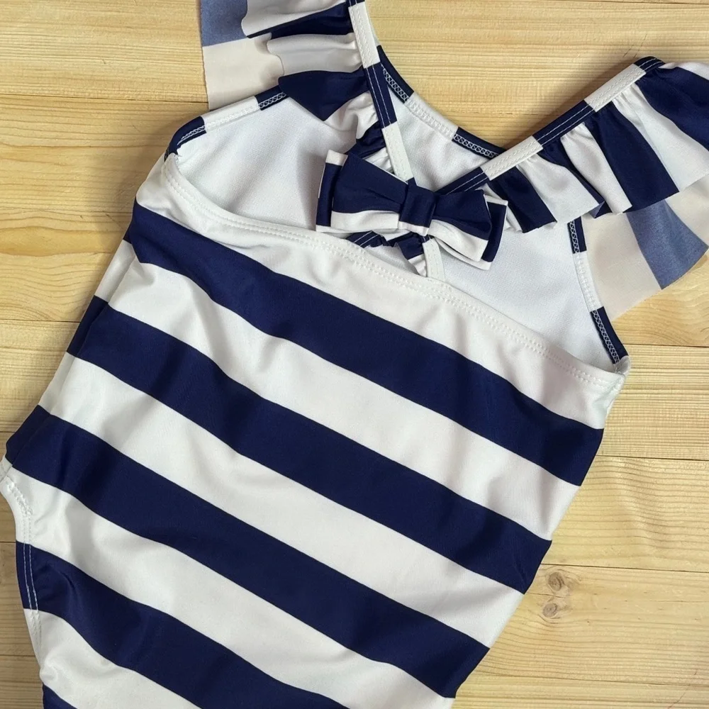 Cat & Jack Navy Stripe One Piece Swimsuit Gold Star Girls 5T Beach Swimwear